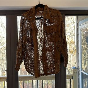 Camel/tan lace style button up shirt/shacket from Bibi size medium fall cozy